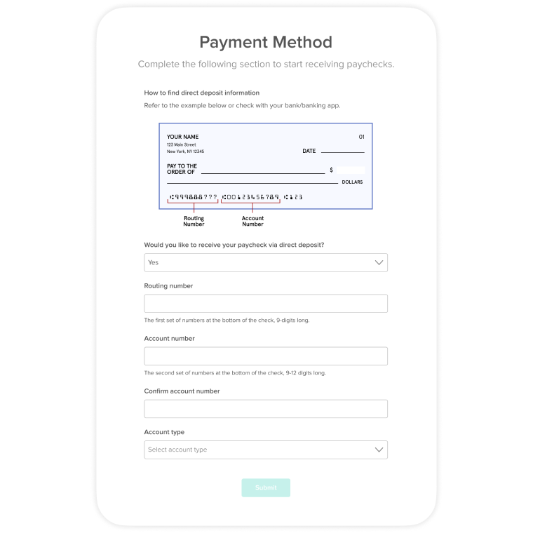 Direct deposit form product screen.