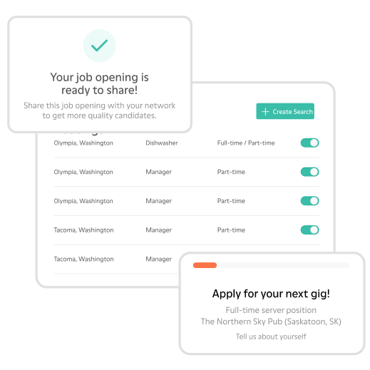 Illustrations of the 7shifts app hiring features