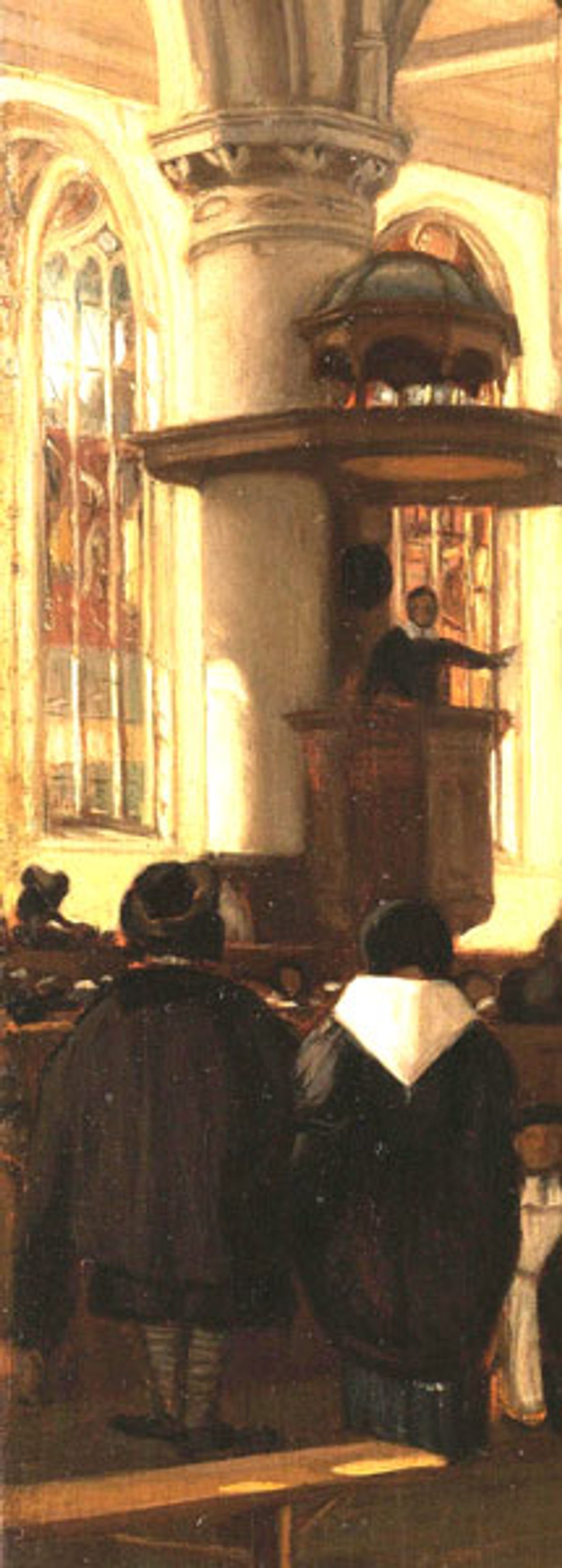 De dominee preekt. Uitsnede uit een schilderij van Emanuel de Witte