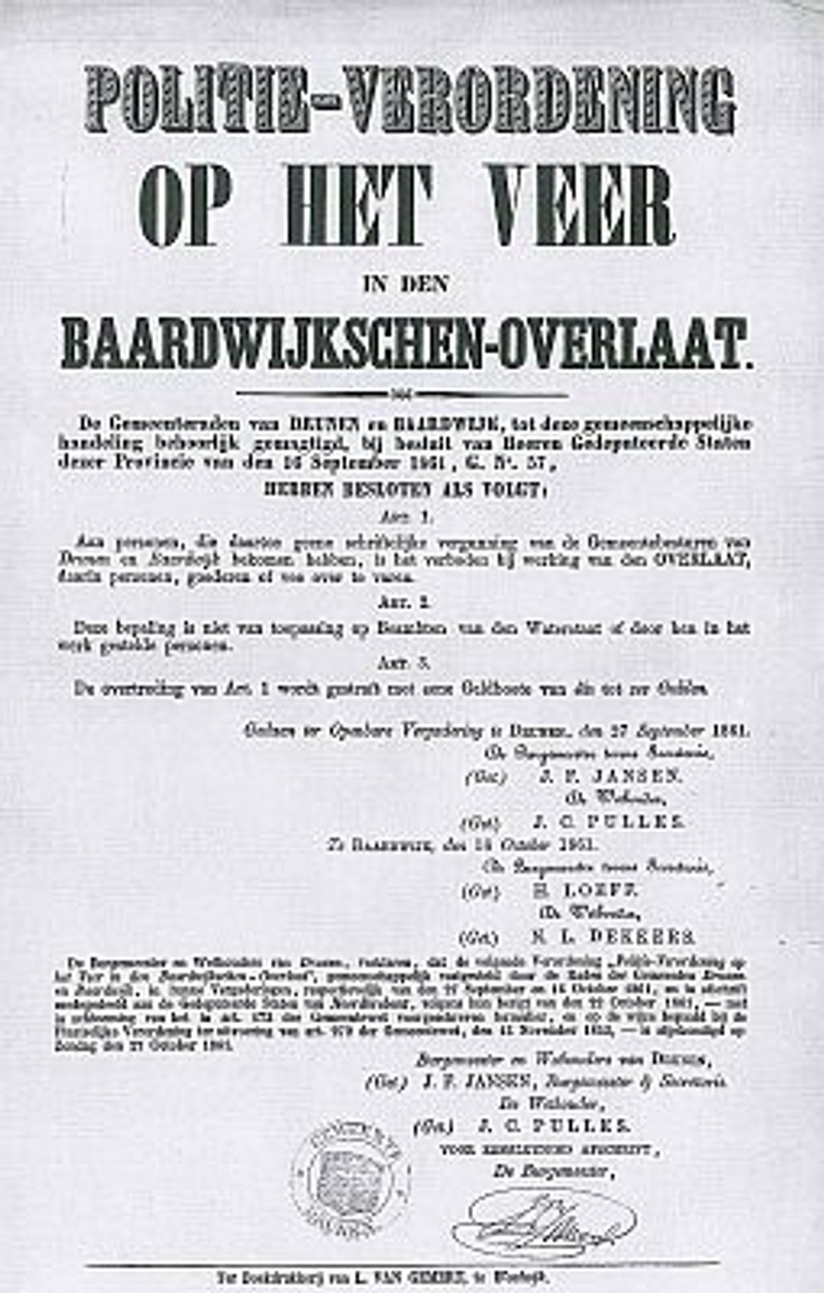 Verordening op het veer, 1861(BHIC, Provinciaal Bestuur 1814-1920, nr. 5849). Klik voor een groter beeld