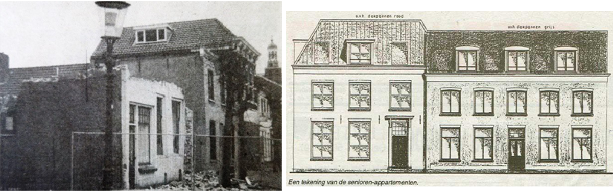 Sloop van het pand en tekening appartementencomplex (Bron: Groot Etten-Leur, 28-1 en 11-2-1996.© Uitgeverij De Bode))