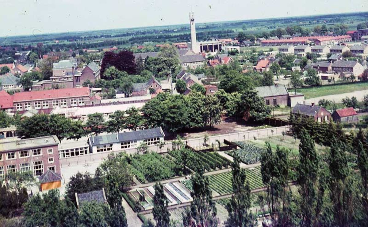 Op voorgrond de groentetuin van het St. Jansgasthuis, op de achtergrond de kerktoren van de Pius X Parochie