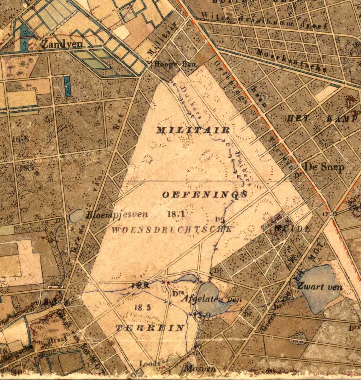 Het militaire oefenterrein op de Woensdrechtse Heide. Onderaan is de loods te zien (bron: Nationaal Archief, toegang 4TOPO, kaart 10.662)