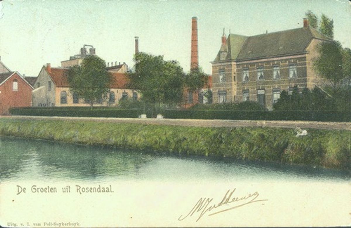 Roosendaal, Oostelijke Havendijk, suikerfabriek De Ram & cie., rechts daarvan directeurswoning, 1904 (WBA, K00295)