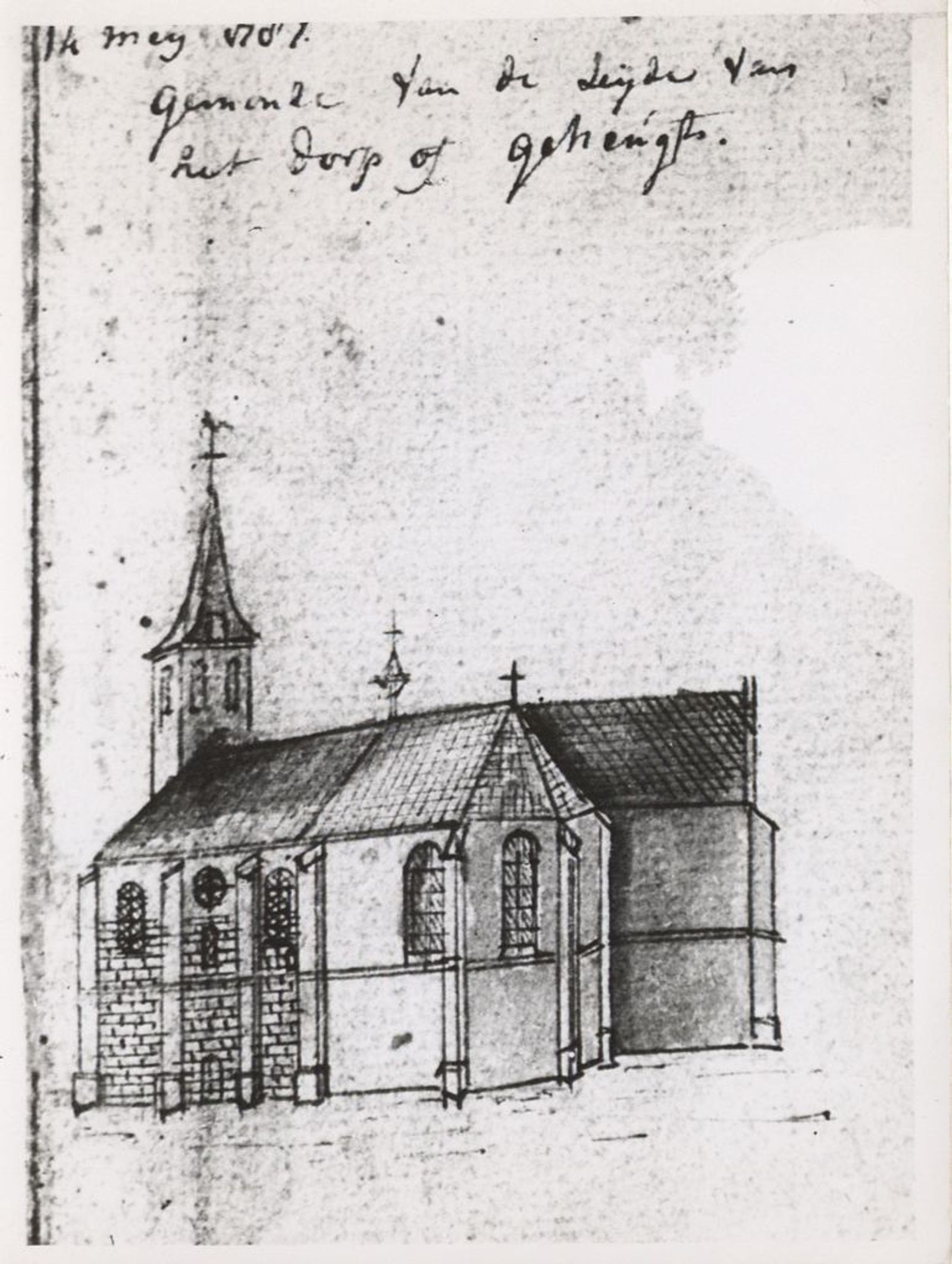 Tekening van de oude dorpskerk van Gemonde op De Hogert. Gezien vanaf de kant van het dorp. (Zie ook: FOTOSM.0004)