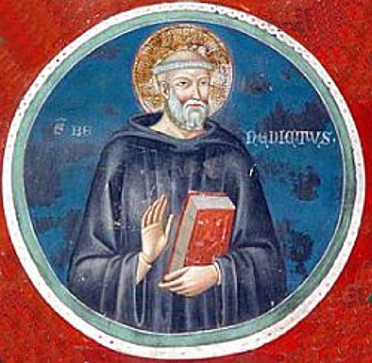 Benedictus op een fresco in de abdij Sacro Speco in Subiaco (Italië).