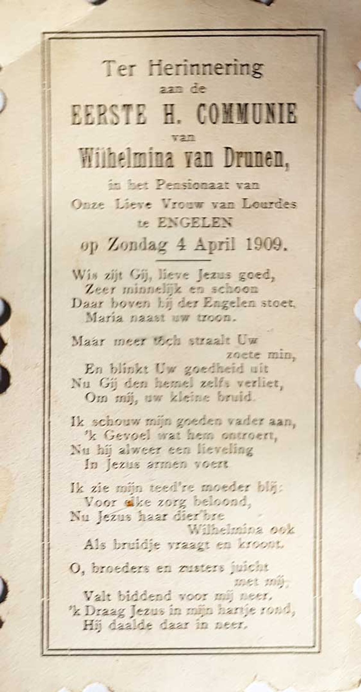 Wilhelmina van Drunen deed haar Eerste Communie in het pensionaat, 1909 (ingezonden door Jan Konings)