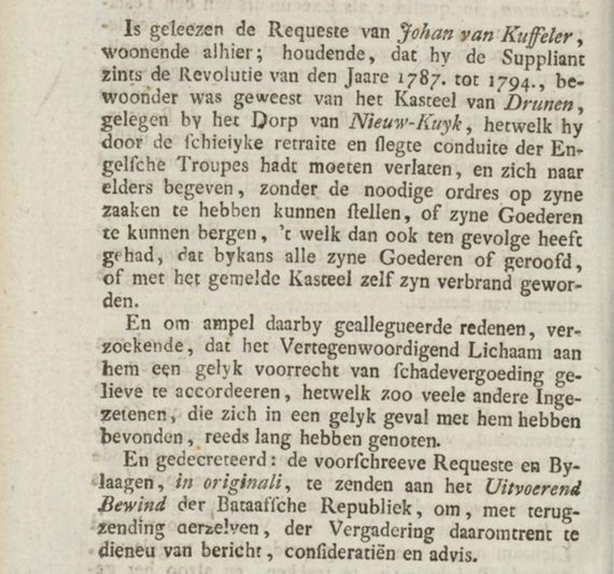 Besluit van de Eerste Kamer van het Vertegenwoordigend Lichaam des Bataafschen Volks op het verzoek om schadevergoeding van Johan Kuffeler, 15 feb. 1799 (Delpher)