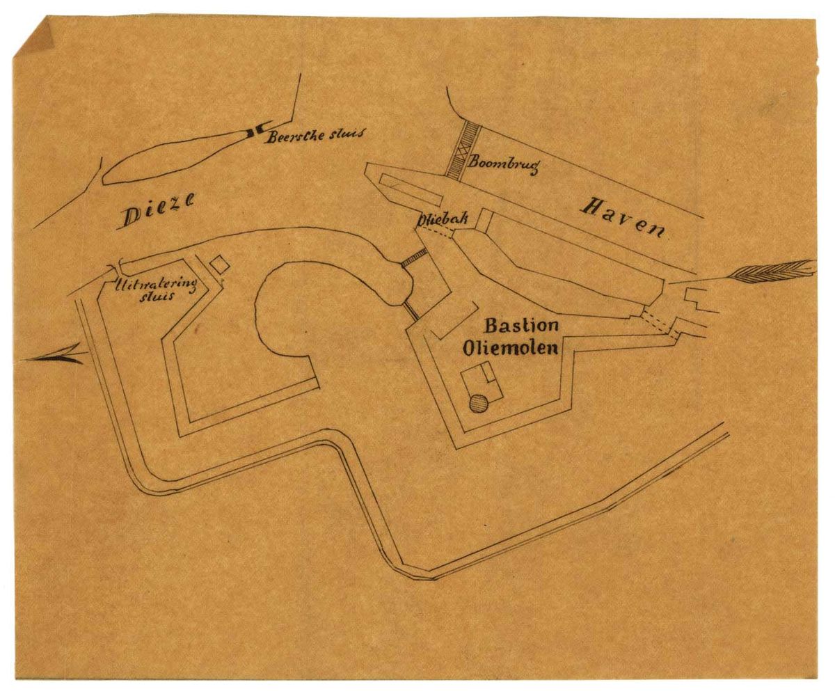 Situatieschets van de ligplaats schepen voor het ophalen en legen, van gemeentelijke beerput, bij bastion Oliemolen, 1875 (Erfgoed 's-Hertogenbosch, nr. 0008673)