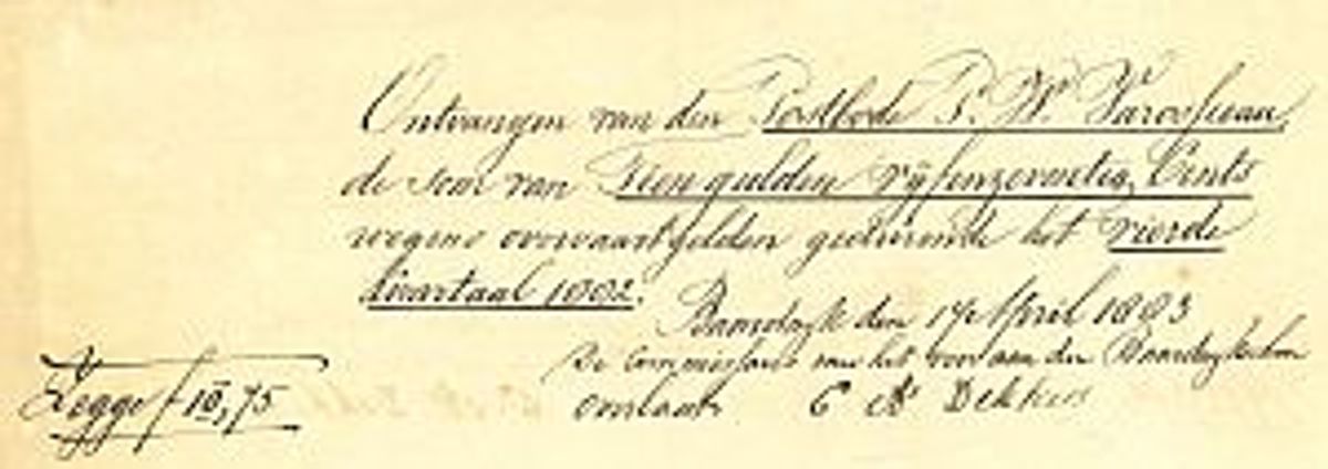 Kwitantie van de veeropbrengsten december 1882. Klik voor een vergroting