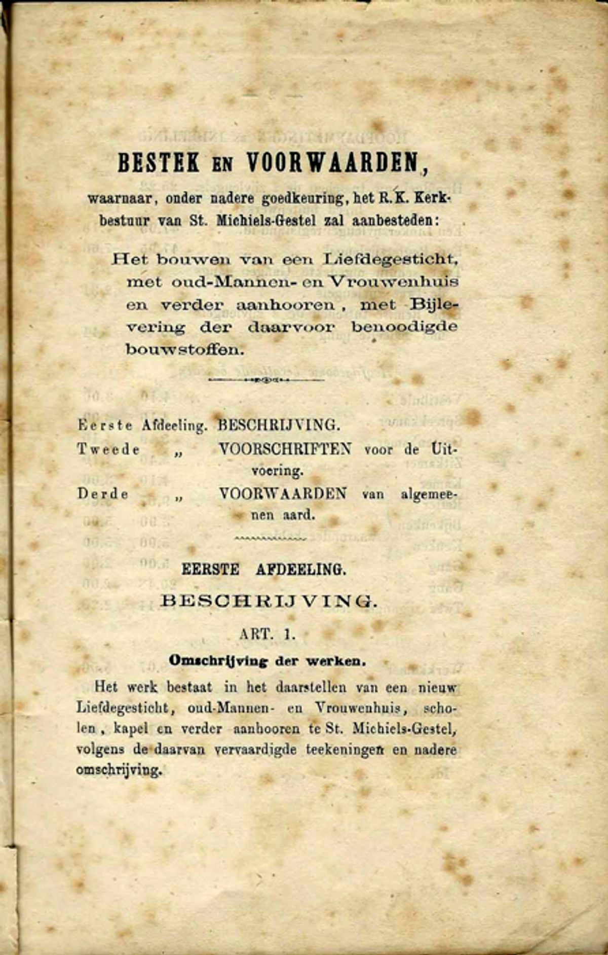 Bestek voor de bouw van Huize St. Adrianus (bron: Heemkundevereniging De Heerlijkheid Herlaer)