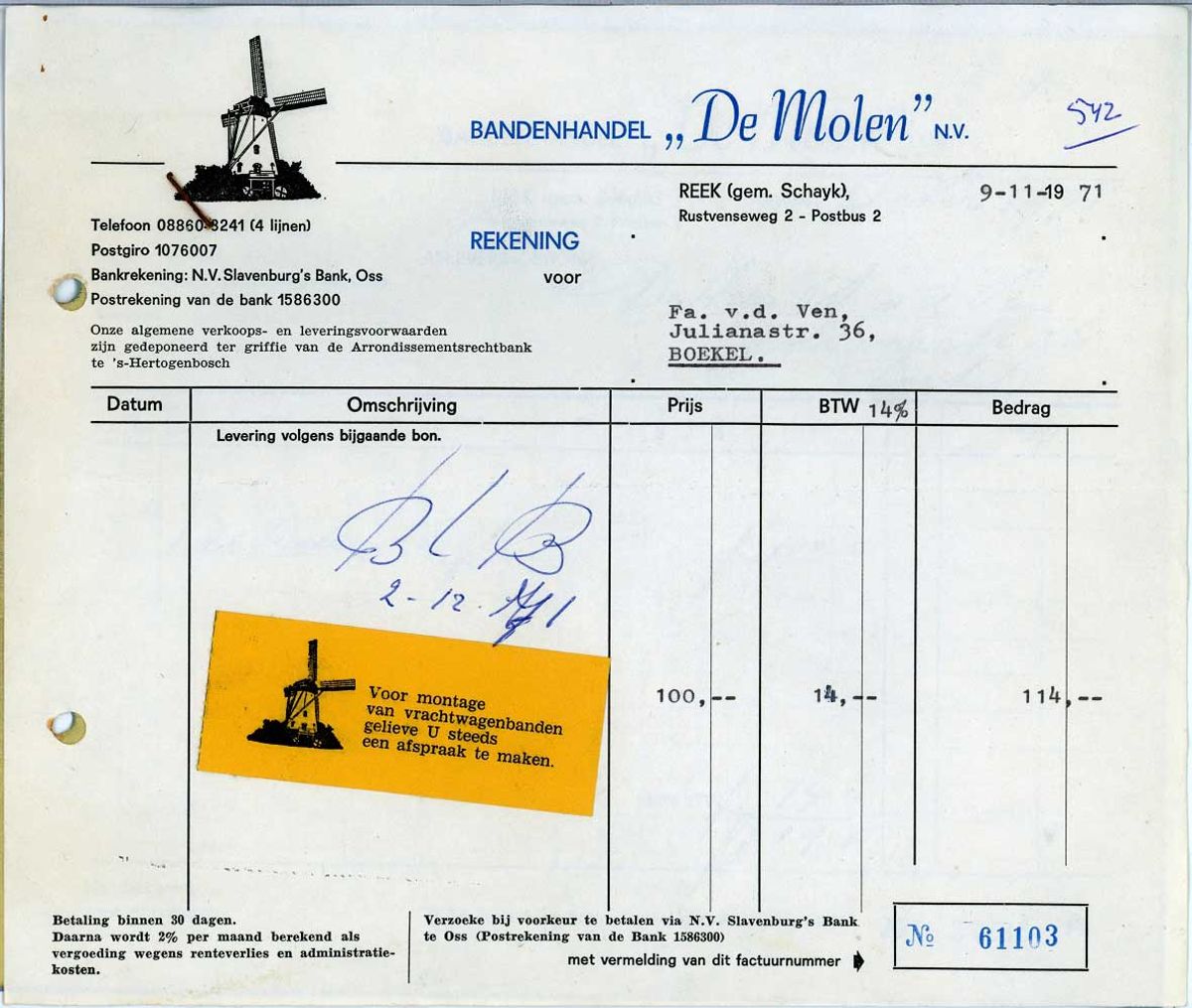 Factuur van Bandenhandel De Molen (inzending Gerard de Bie)