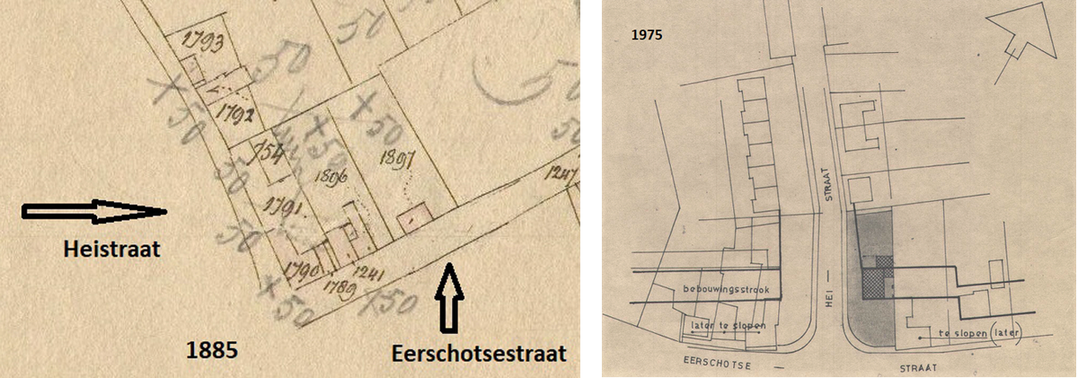 Hoek Heistraat-Eerschotsestraat op de kadastrale kaart, 1885 en 1975