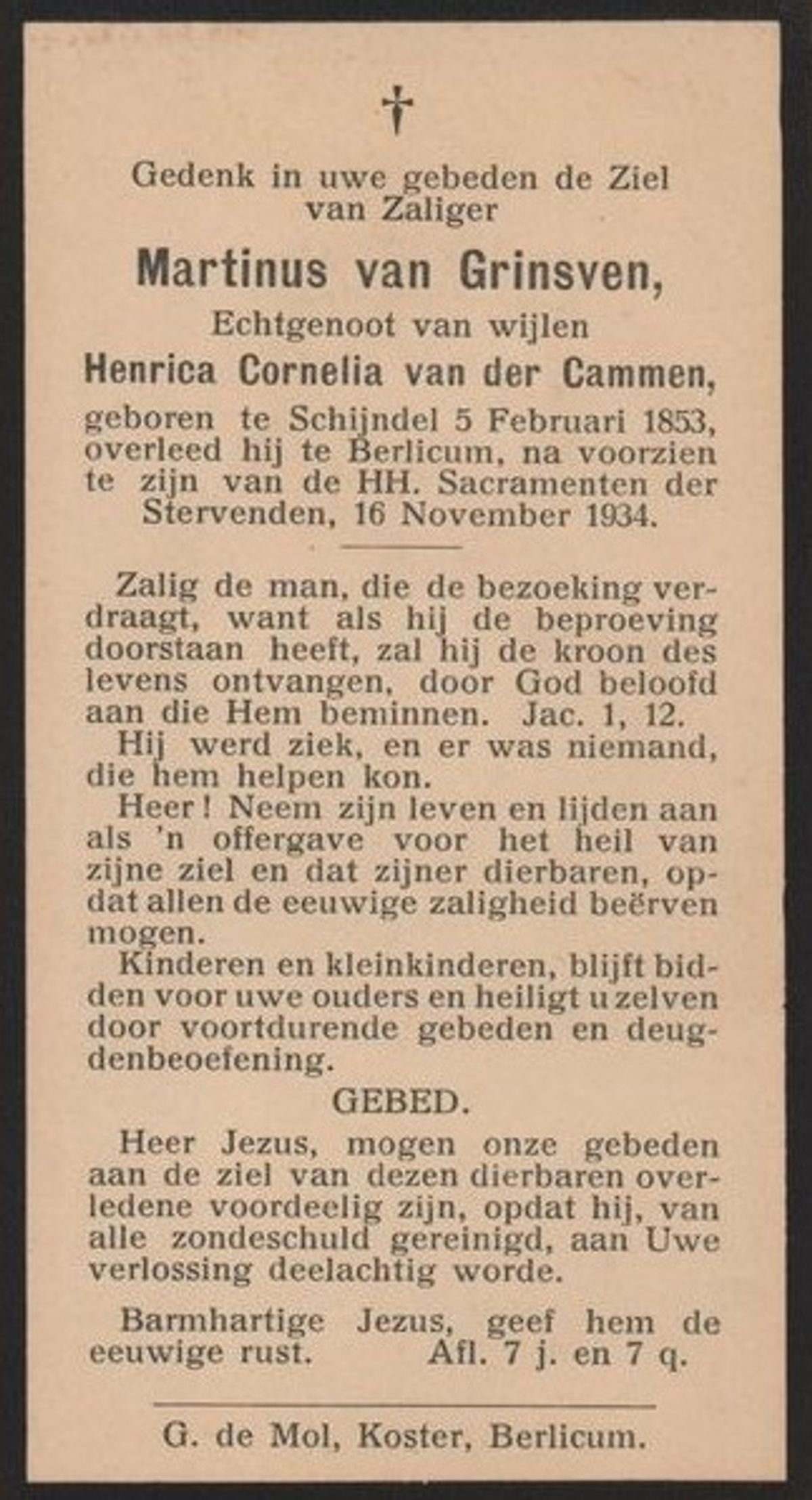 Bidprentje van M. van Grinsven (bron: HKK 'De Plaets', bidpentnr. 1934111601)