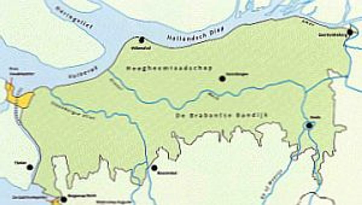 In groen het gebied van het hoogheemraadschap Brabantse Bandijk