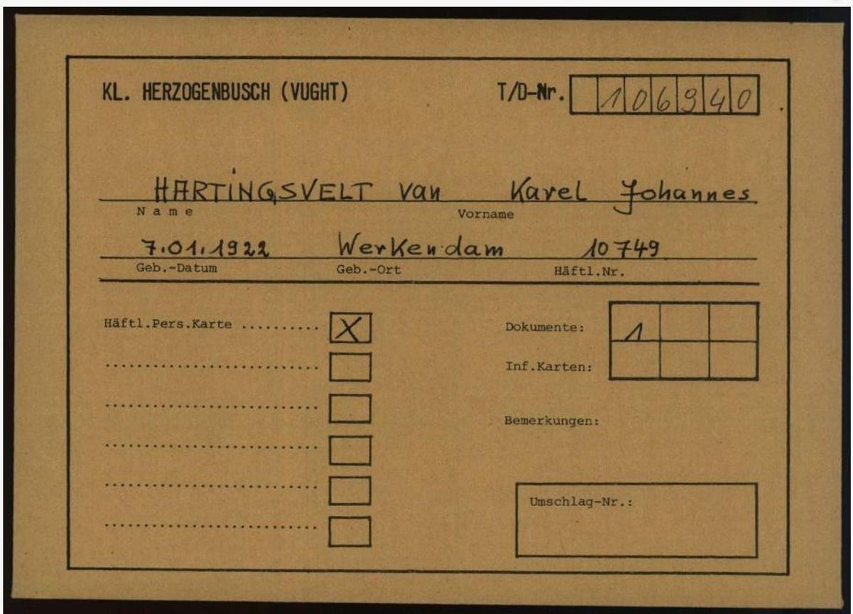 Registratiekaart Karel van Hartingsvelt in Kamp Vught