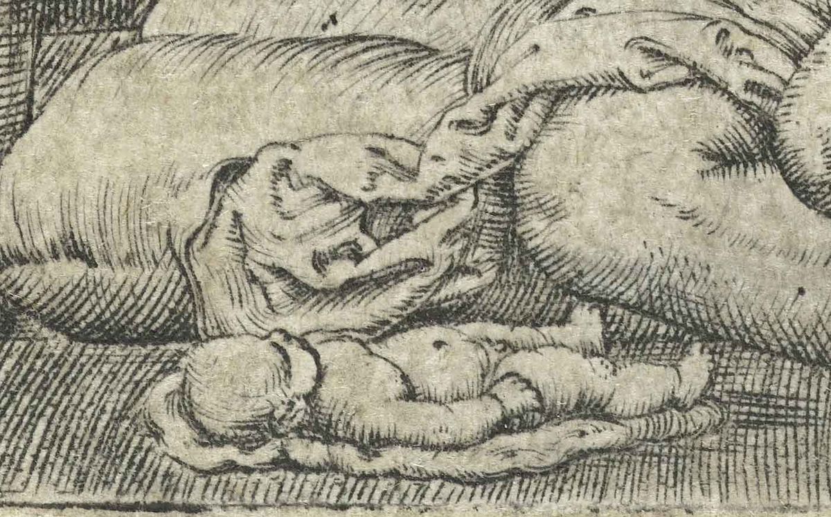 Barthel Beham, doodgeboren kind, 1512-1540 (Detail van prent Gierigaard en vrouw met een miskraam. Bron: Rijksmuseum Amsterdam nr. RP-P-H-1021. Publiek domein)