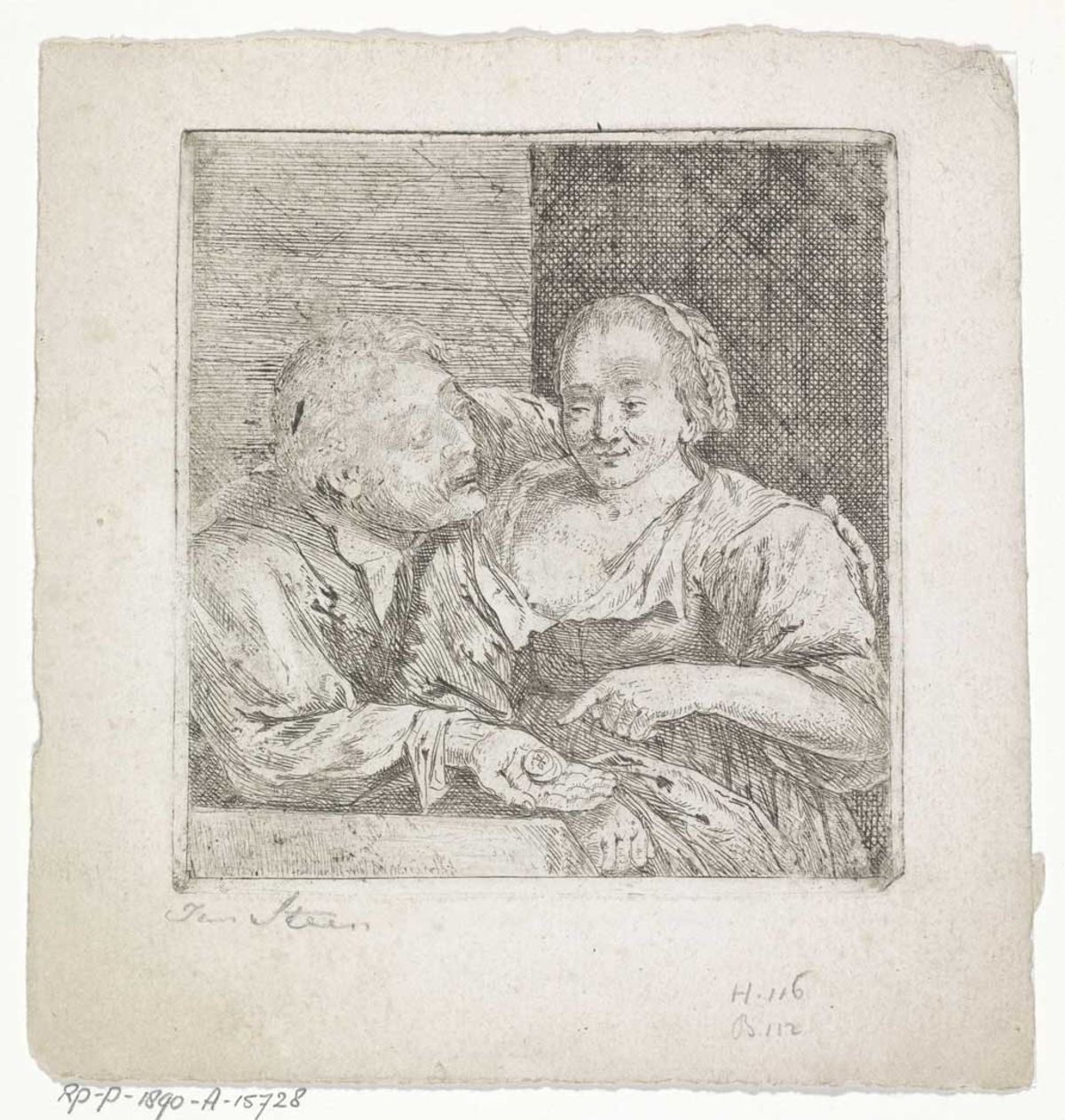 Anoniem, man biedt prostituee geld aan, 17e eeuw (bron: Rijksmuseum Amsterdam nr. RP-P-1890-A-15728. Publiek domein)