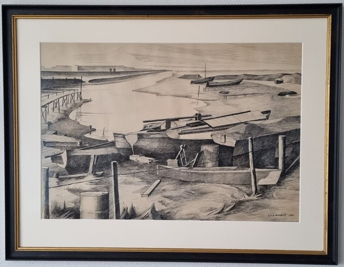 Cees van der Burght, Zicht op de scheepswerf van Bram Boer (© Sjaak Janse. Het werk bevindt zich in het Zeeuws Maritiem MuZEEum in Vlissingen)