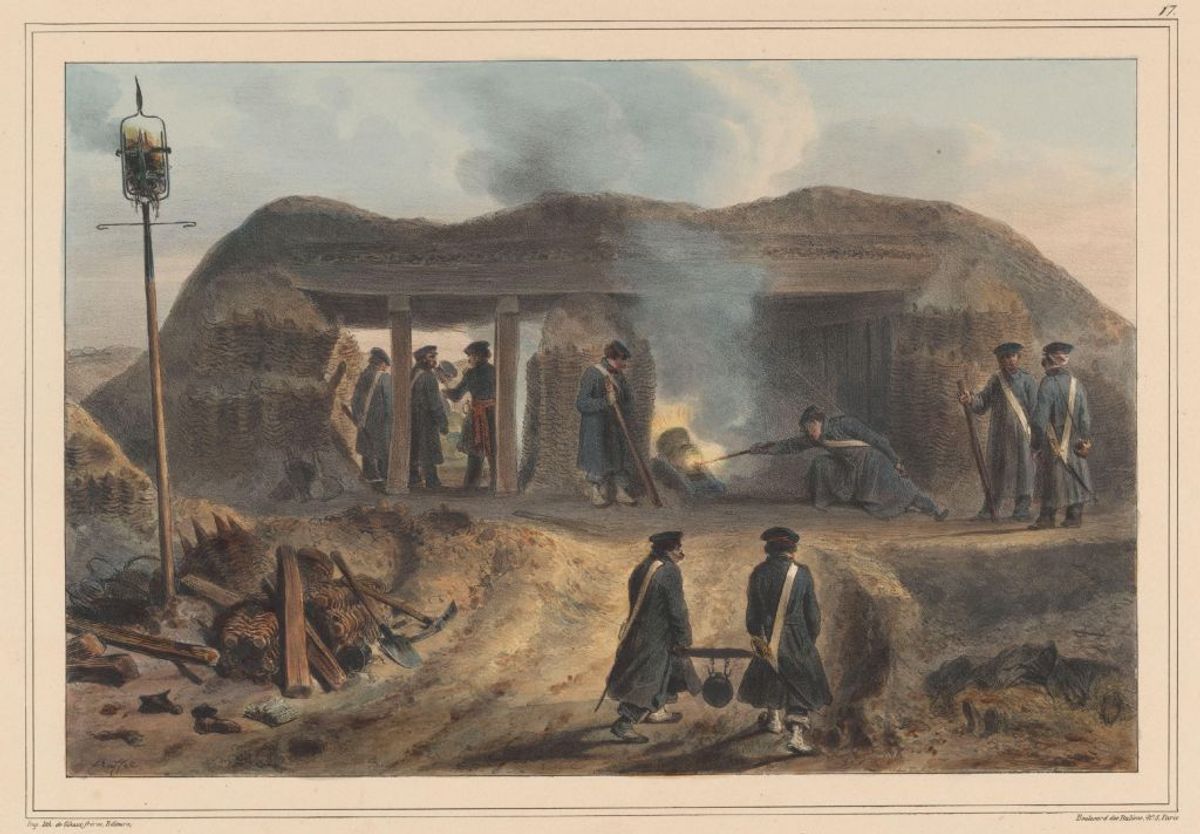 D.A.M. Raffet, het afschieten van een mortier in een ingegraven stelling, 1833 (Bron: Rijksmuseum nr. NG-NM-10388-102-17. Publiek domein)