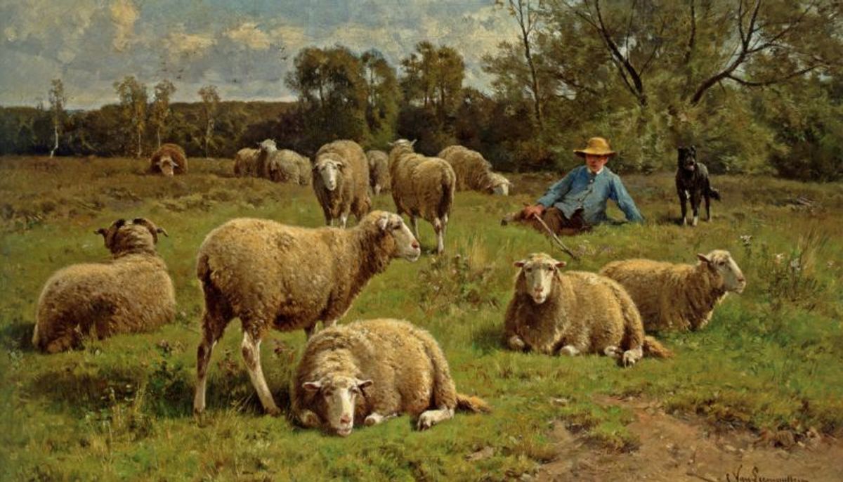 Een schaapsherder bij zijn kudde. Cornelis van Leemputten (1841-1902).