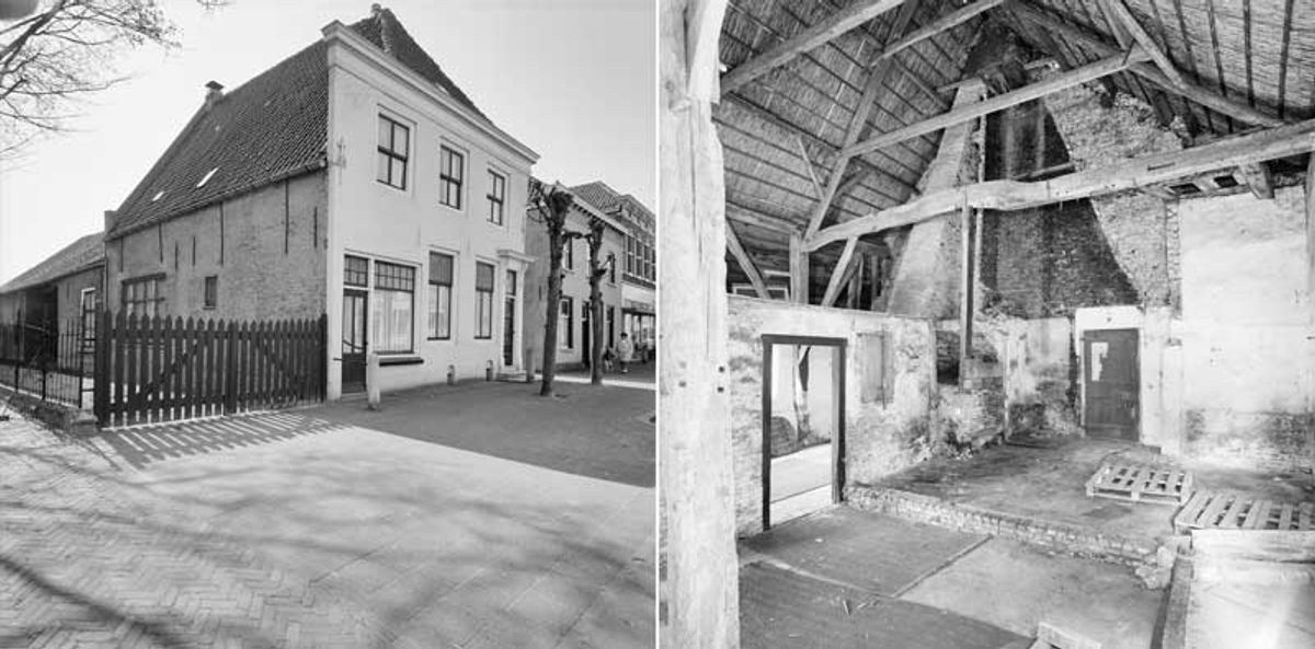 Links de lijstgevel, rechts een interieurfoto (foto's: P. van Galen, 1993. Bron: Rijksdienst voor het Cuitureel Erfgoed, fotonummer 302.966 en 302.973. CC BY-SA 3.0)