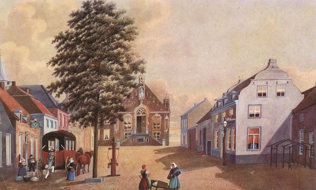 Het inmiddels verdwenen raadhuis van Cuijk waarvan de vechtersbazen de ruit ingooiden. Illustratie: BHIC
