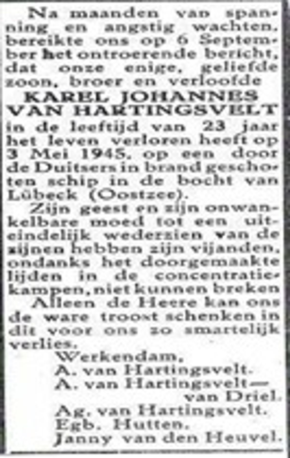 Rouwadvertentie, 1945