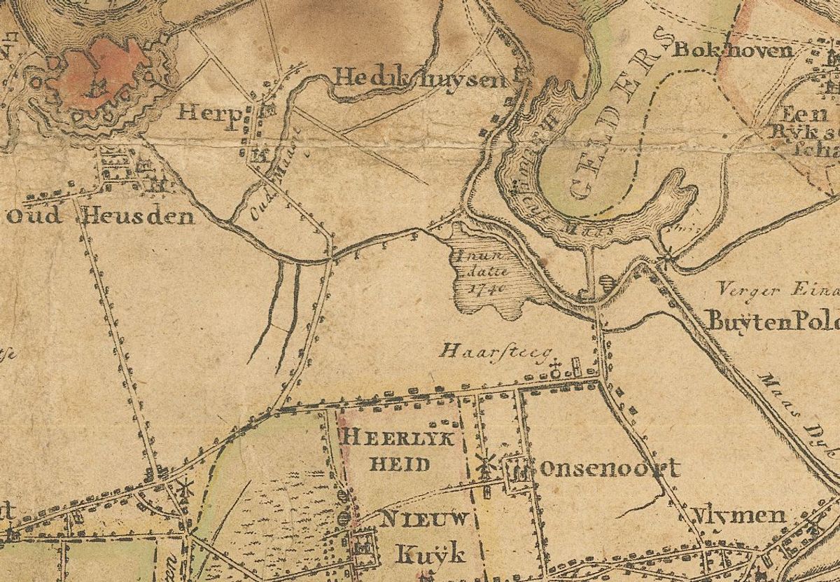 Gedeelte van het Land van Heusden op een kaart van Hendrik Verhees uit 1794. Boven Haarsteeg is de dijkdoorbraak van 1740 te zien (bron: BHIC nr. 5129-5A140)