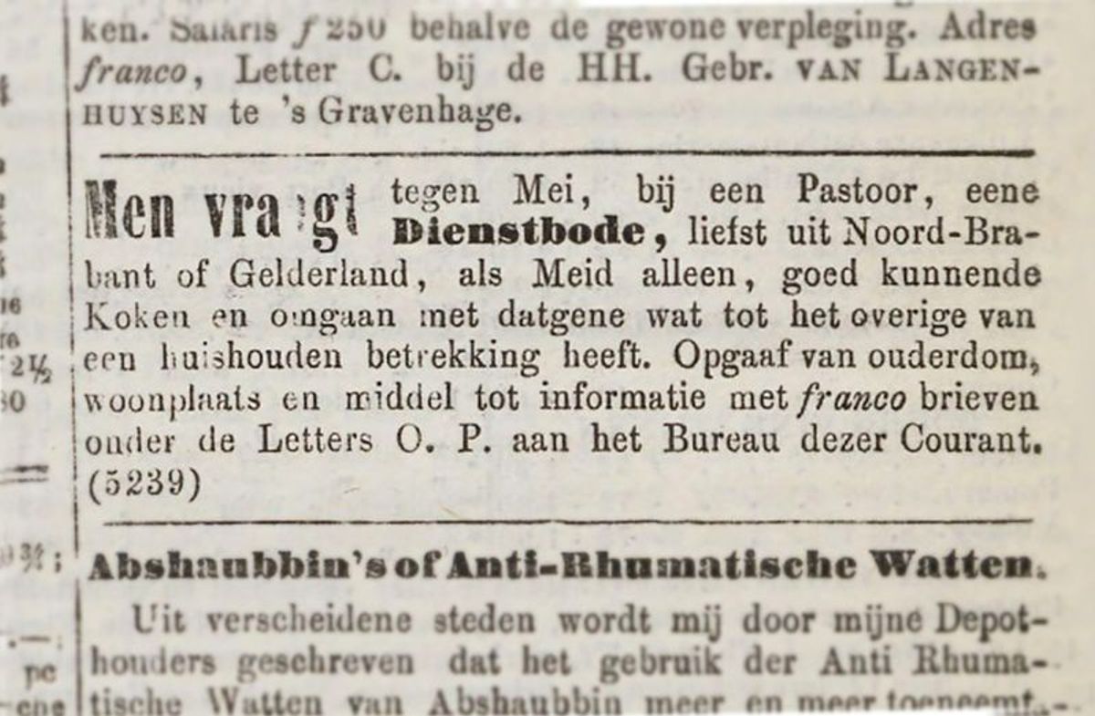 Advertentie waarin een dienstbode wordt gevraagd, halverwege de 19e eeuw.