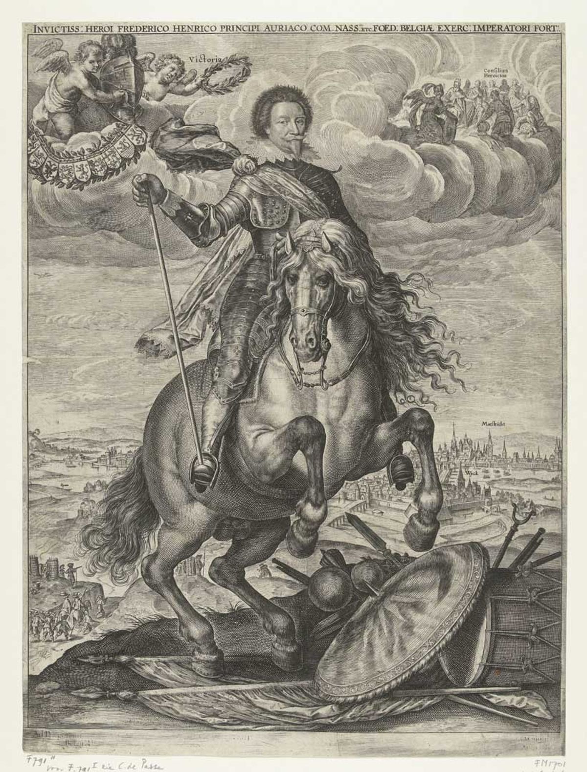 Crispijn van de Passe, Allegorisch ruiterportret van Frederik Hendrik na de verovering van Maastricht, 1632 (bron: Rijksmuseum, RP-P-OB-81.344. Publiek domein)