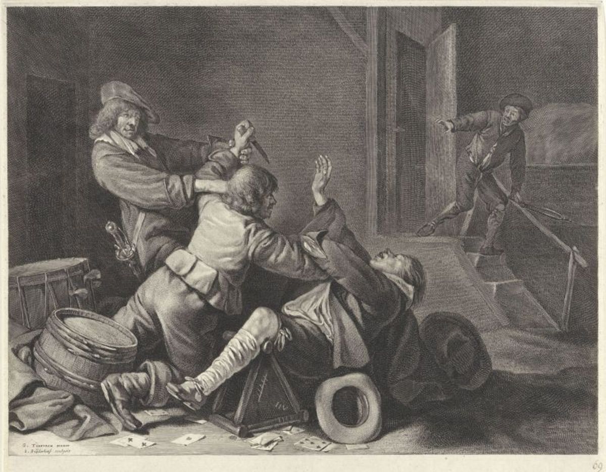 Jonas Suyderhoef, Twee mannen vechten met elkaar in een kaal interieur, 17e eeuw (Bron: Rijksmueum, object RP-P-OB-60.675; publiek domein)