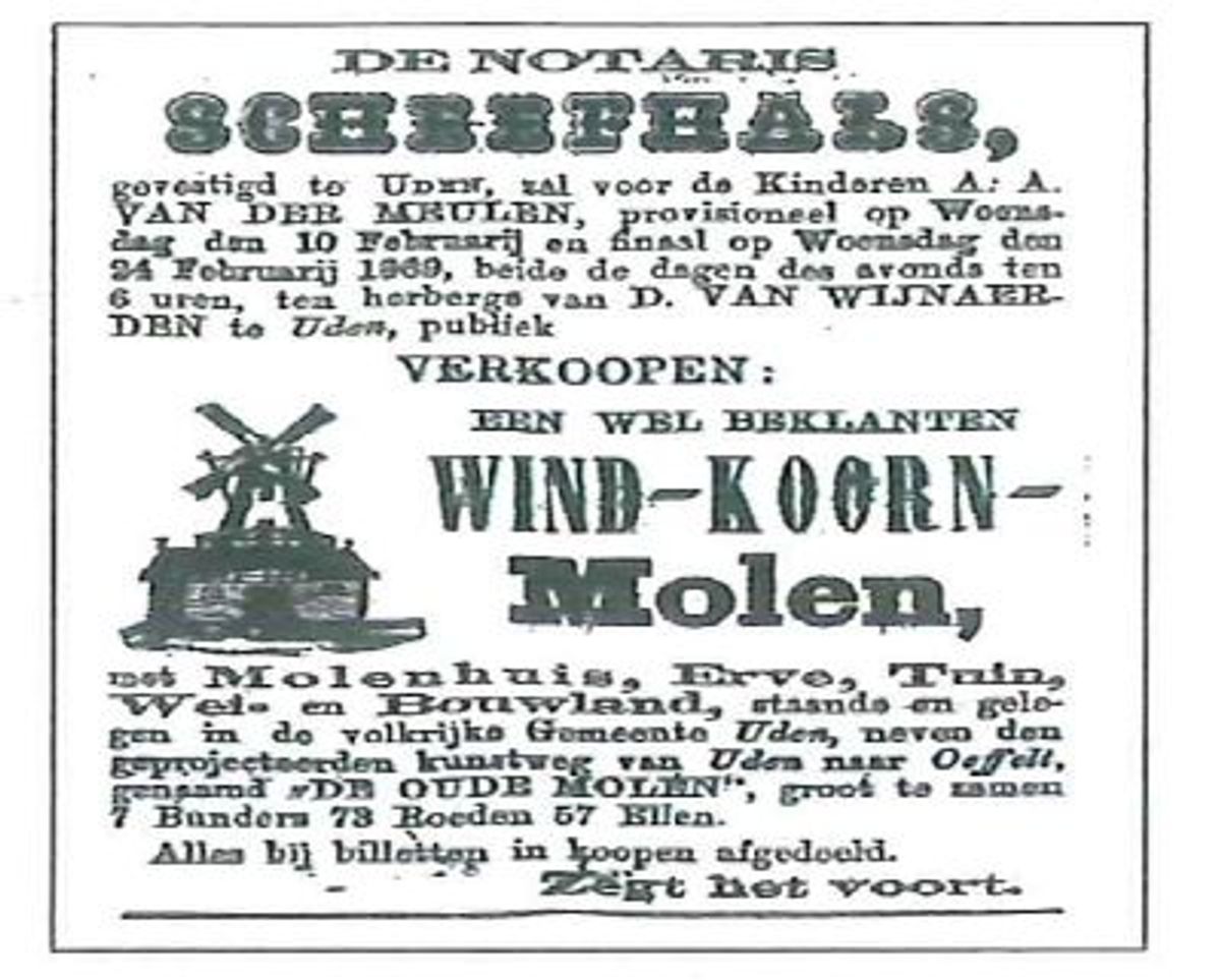 Advertentie over de verkoop van de molen uit Dese nuwe Moole