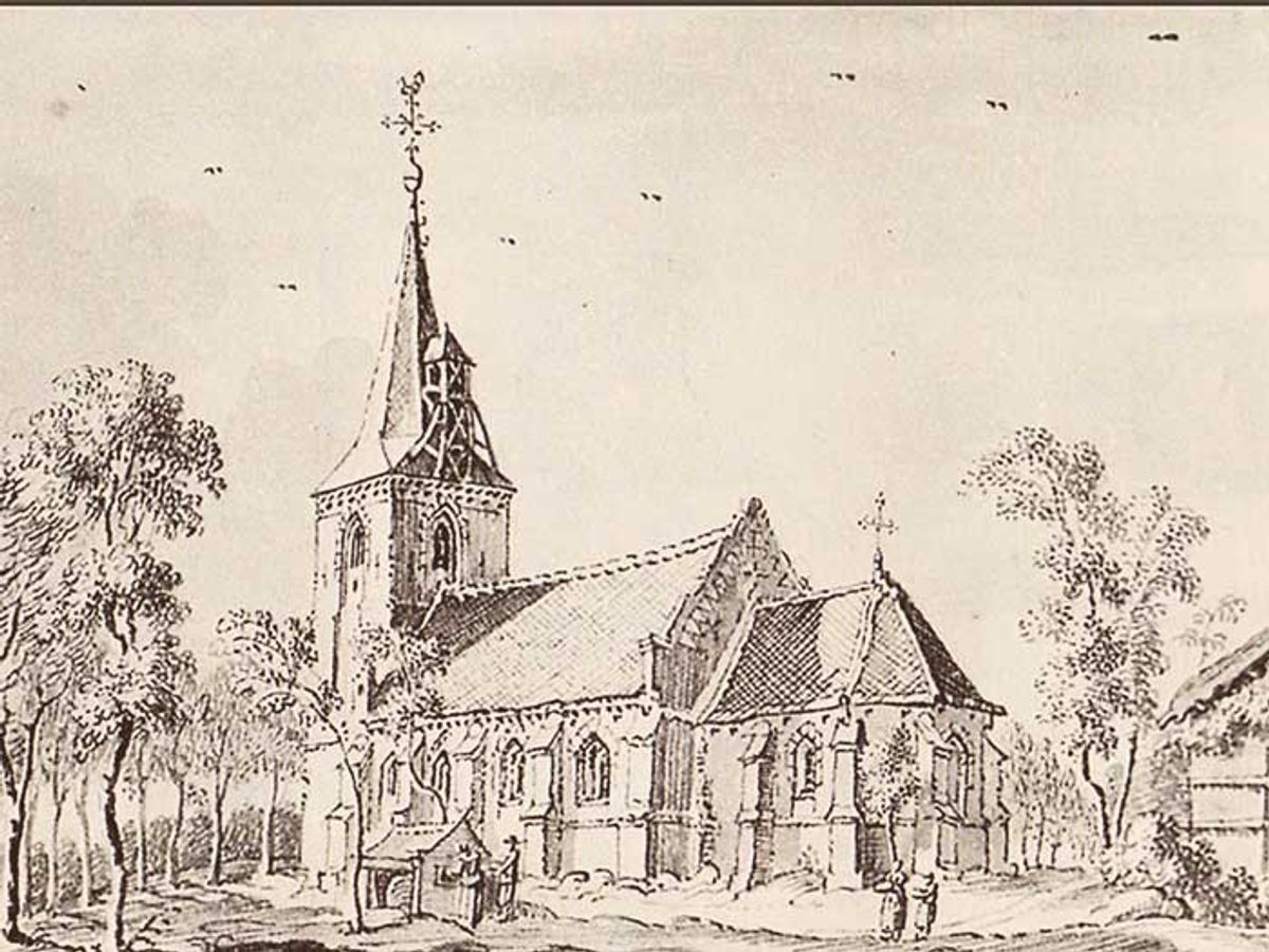 De H.H. Hubertus en Barbarakerk te Sint Hubert, door Jan de Beijer (1703-1780) getekend.