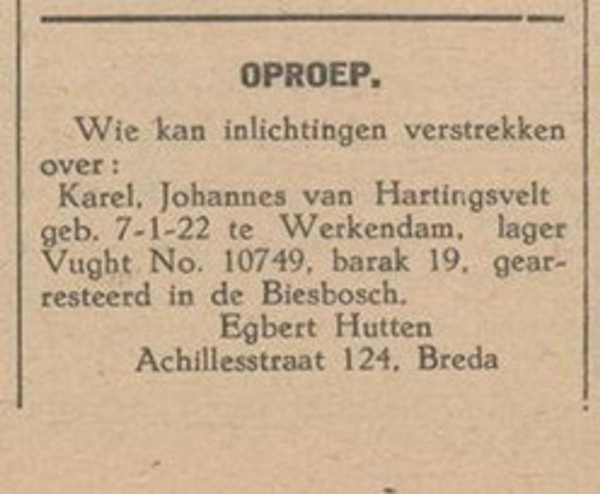 Oproep van medeonderduiker - die in 1948 huwde met de zuster van Karel - 'De Vrije Stem' d.d. 16 juni 1945.