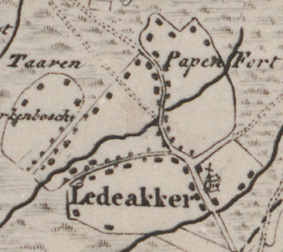 Ledeacker met kapel op een 18e eeuwse kaart (BHIC 1503-000001_31)