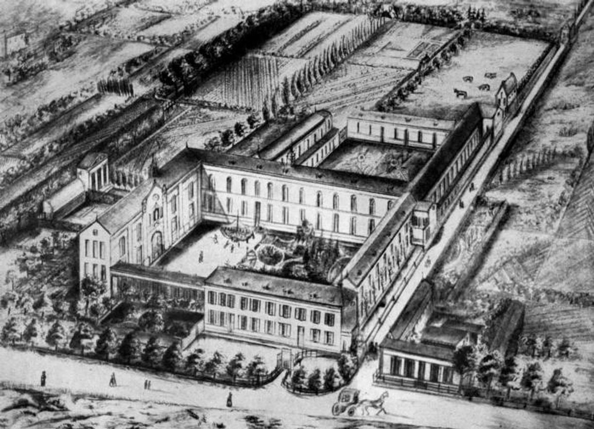 Moederhuis, scholen en internaat rond 1880 (tekening van Sr. Patrice O'Sullivan)