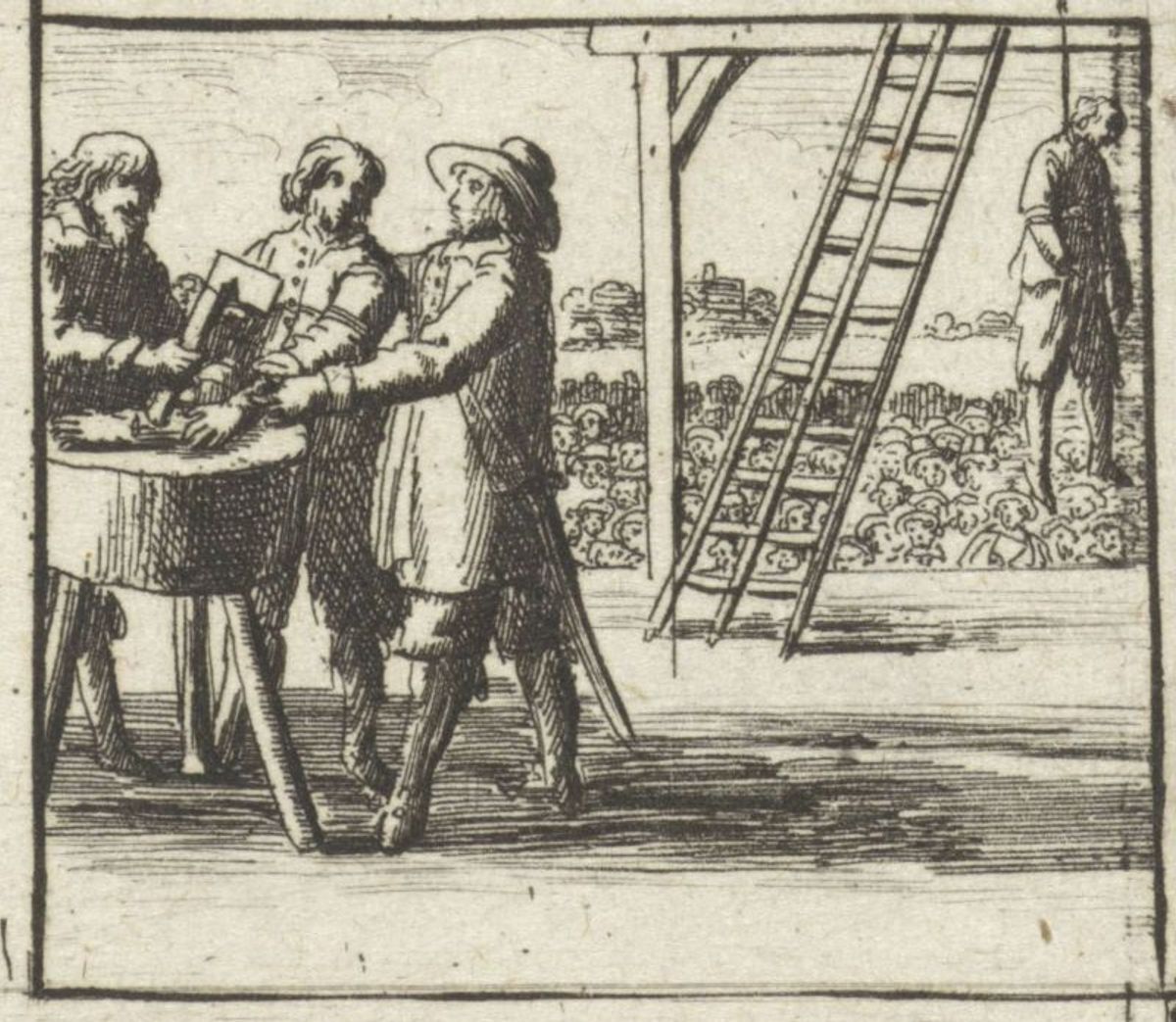 Abraham Dircksz. Santvoort, man aan de galg, 1667 (Bron: Rijksmuseum, object RP-P-1939-644; publiek domein)