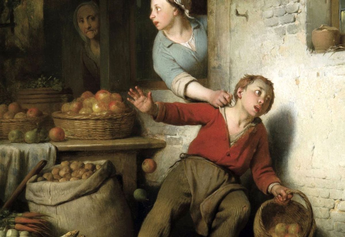 De fruitdief (detail), schilderij uit 1857 van Ferdinand sr. De Braekeleer (1792-1883).