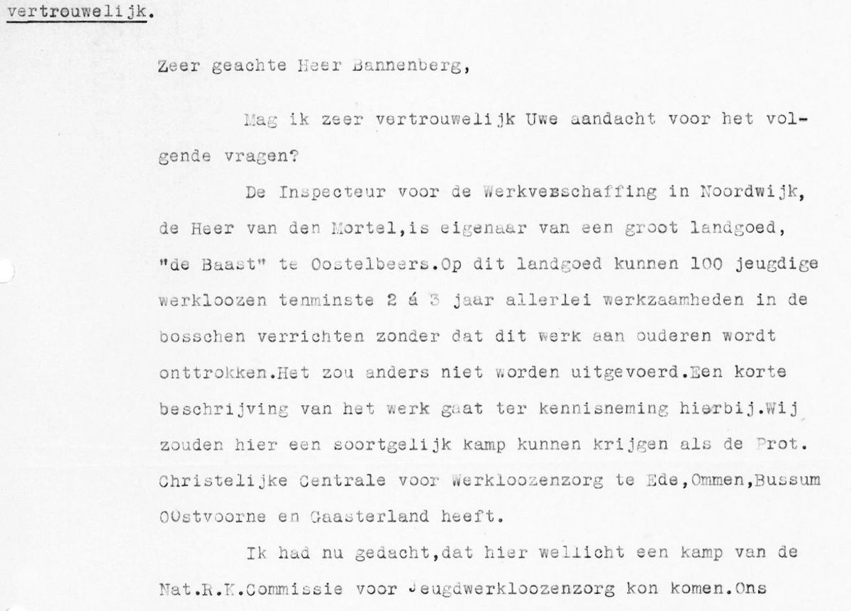 fragment uit vertrouwelijke brief tot aanleg "jeugdkamp voor werkloozenzorg"