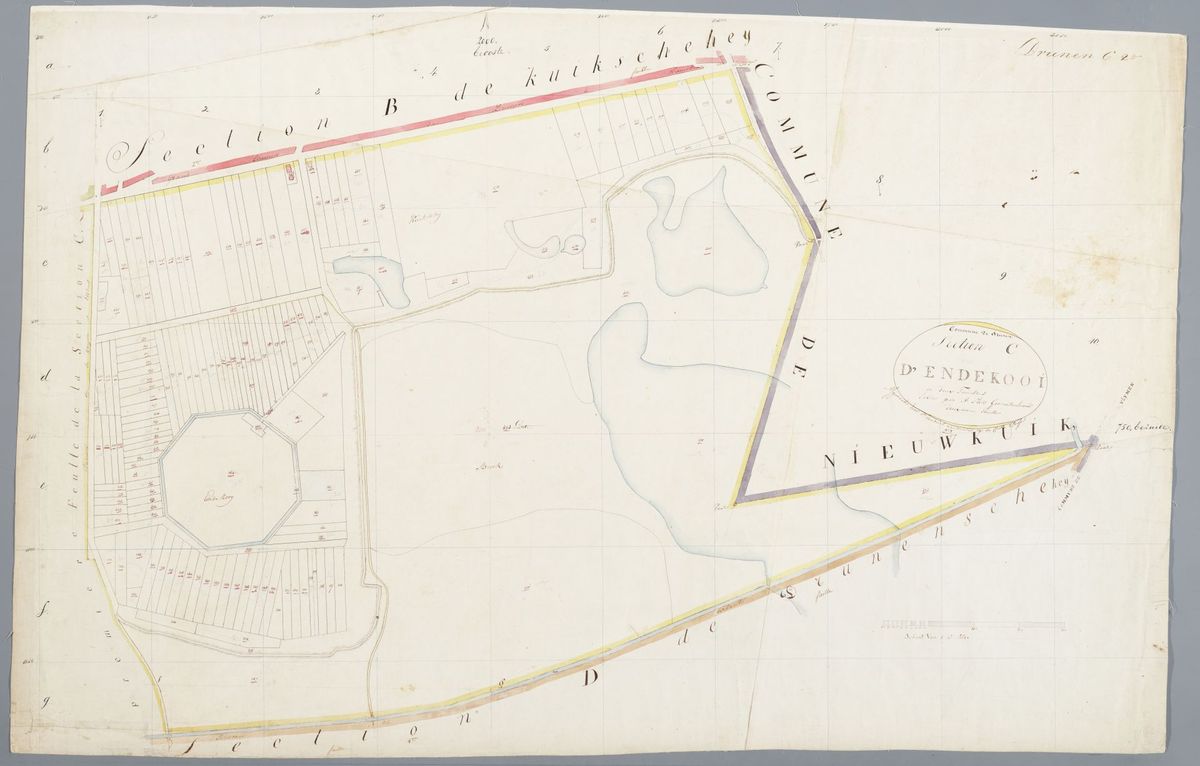De Drie Wielen (rechtsboven) en het Herpts Veld of Herpts Ven (daaronder) en de Eendenkooi (links) op een kadastrale kaart van ca 1825 (kaartencoll. BHIC nr. MIN10043C02). In het Herpts Ven werd gedurende vele jaren door de inwoners van Herpt turf gestoken.