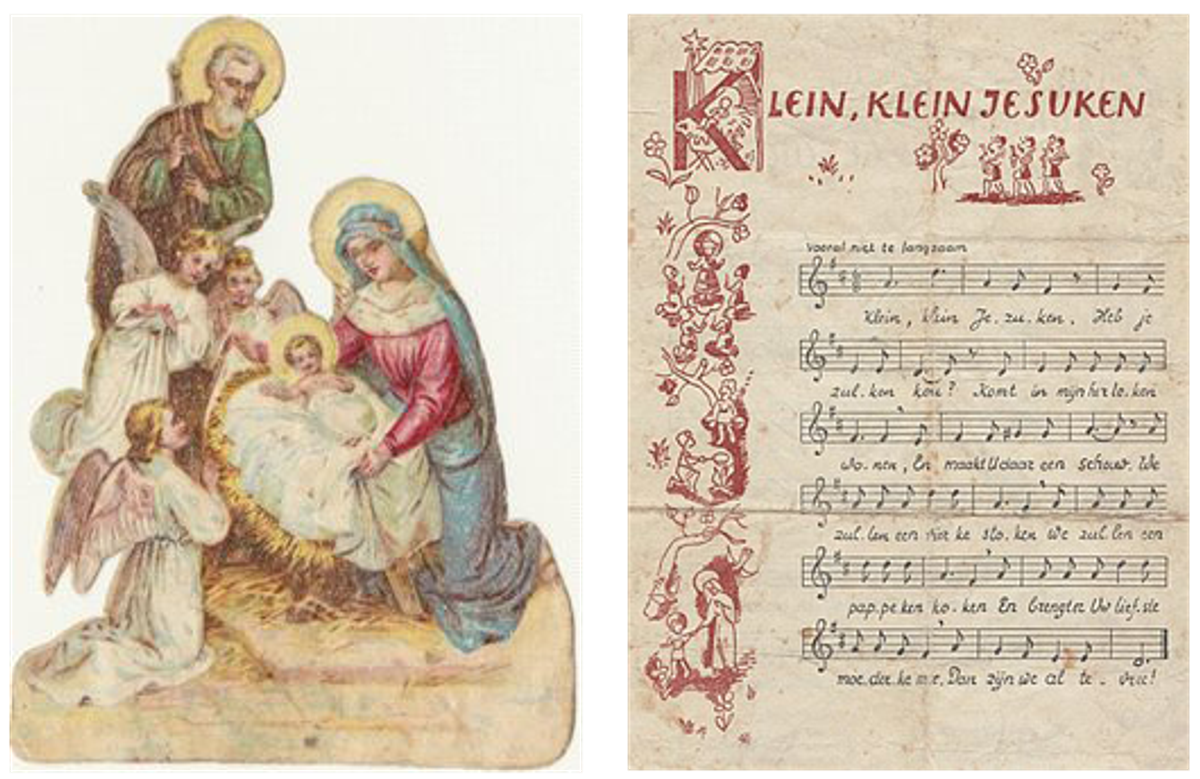 In de 3e Klas (1945) bij Mister Eggen, vouwden we van groen papier een Kerststalletje en kregen van hem dit poezieplaatje, dat we in de stal plakten, daarna zongen we het liedje.