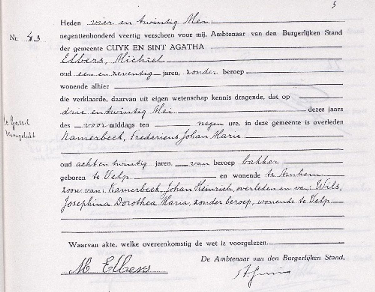 Overlijdensakte F.J.M. Kamerbeek
