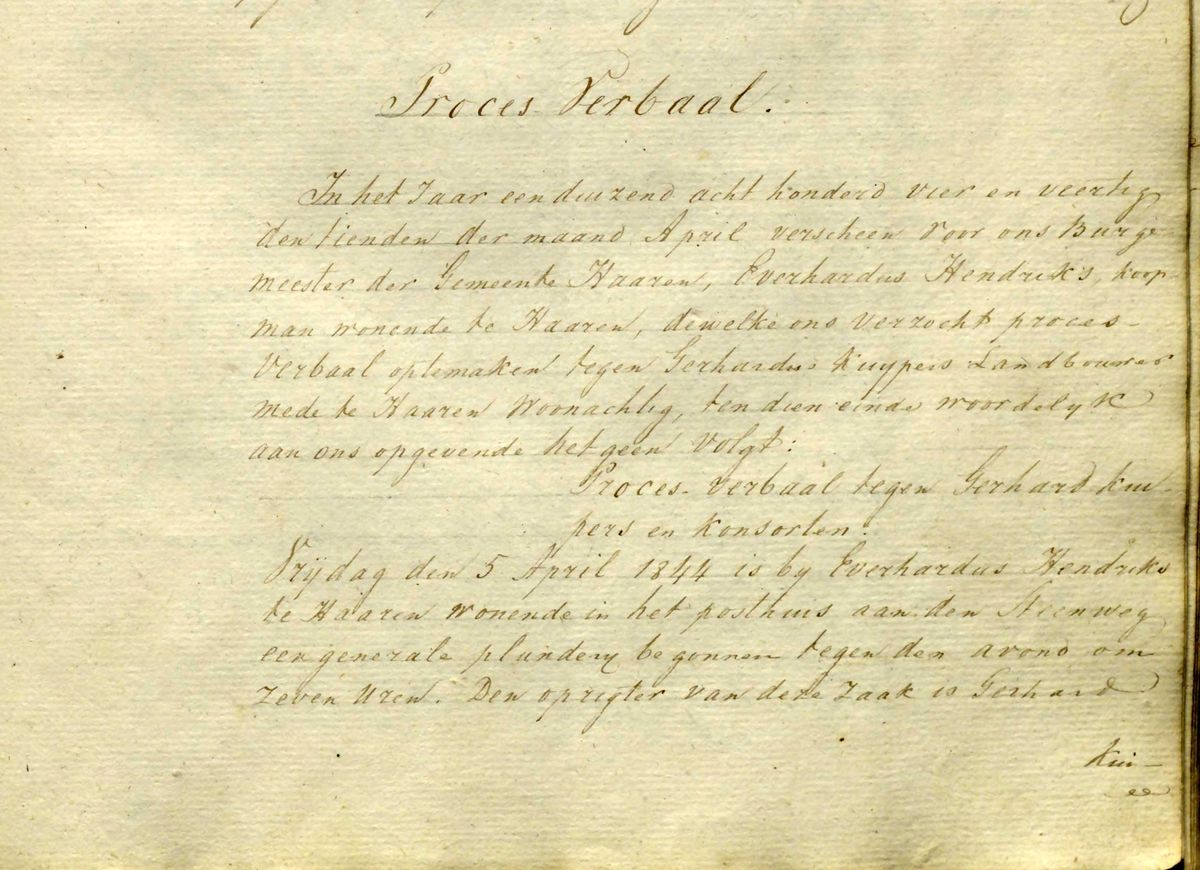 Proces-verbaal van aangifte tegen Gerard Kuijpers en consorten, 1843 (Regionaal Archief Tilburg, toegang 6006 Gemeentebestuur Haaren, 1811-1943, inv. nr. 167, scan 20)