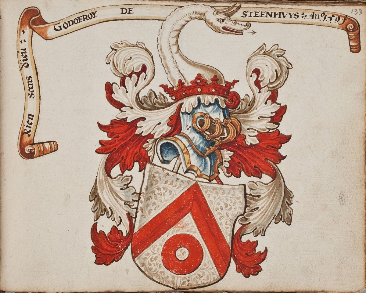Inschrijving van Godofroy van Steenhuys in het Album Amicorum Clara van Beers. De precieze familierelatie van deze Godofroy met Clara is vooralsnog onduidelijk.