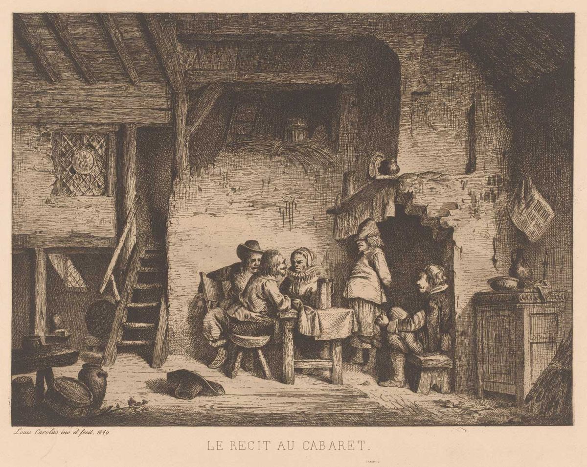 Louis Antoine Carolus, Gezelschap in zestiende-eeuwse kleding in een kroeg, 1849 (bron: Rijksmuseum, nr. RP-P-1889-A-14605. Publiek domein)