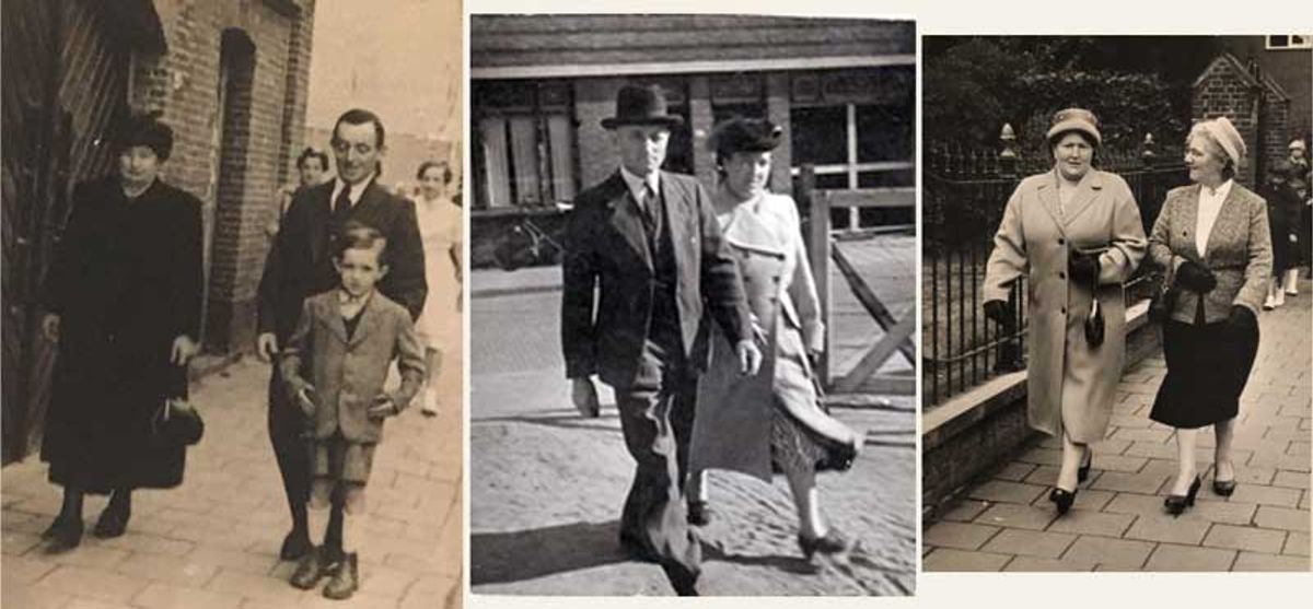Links: begin jaren 50 Vader en zoon Kruf en schoonmoeder van Bruggen. Midden: Vader en moeder de Crom. Rechts: tegen 1960 : de dames Kruf-van Bruggen en slagersvrouw Dingemans-Verrest