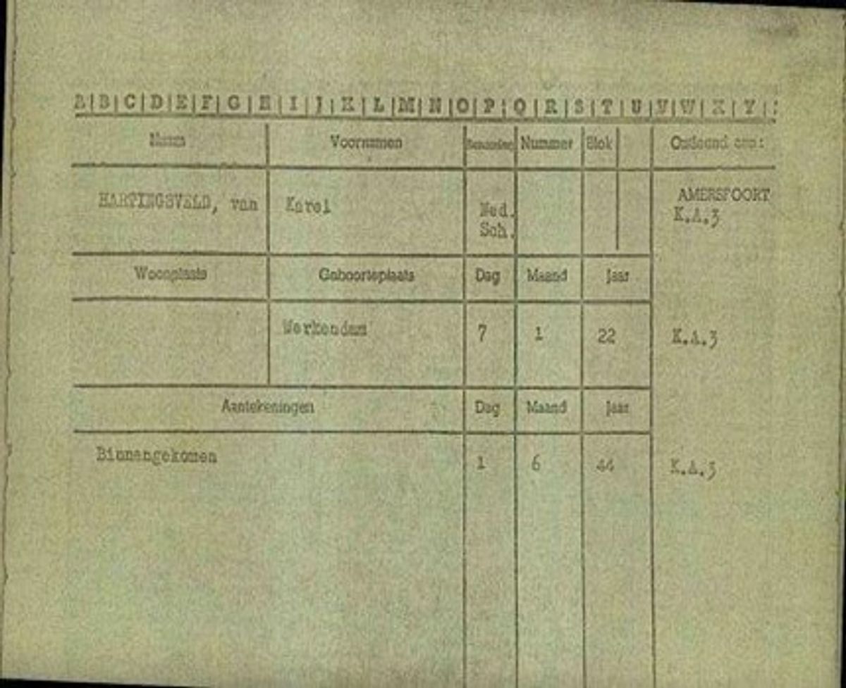 Registratiekaart van 1 juni 1944 in het ‘Polizeiliches Durchgangslager Amersfoort’ (blok 8) als gevangene nr.13319.