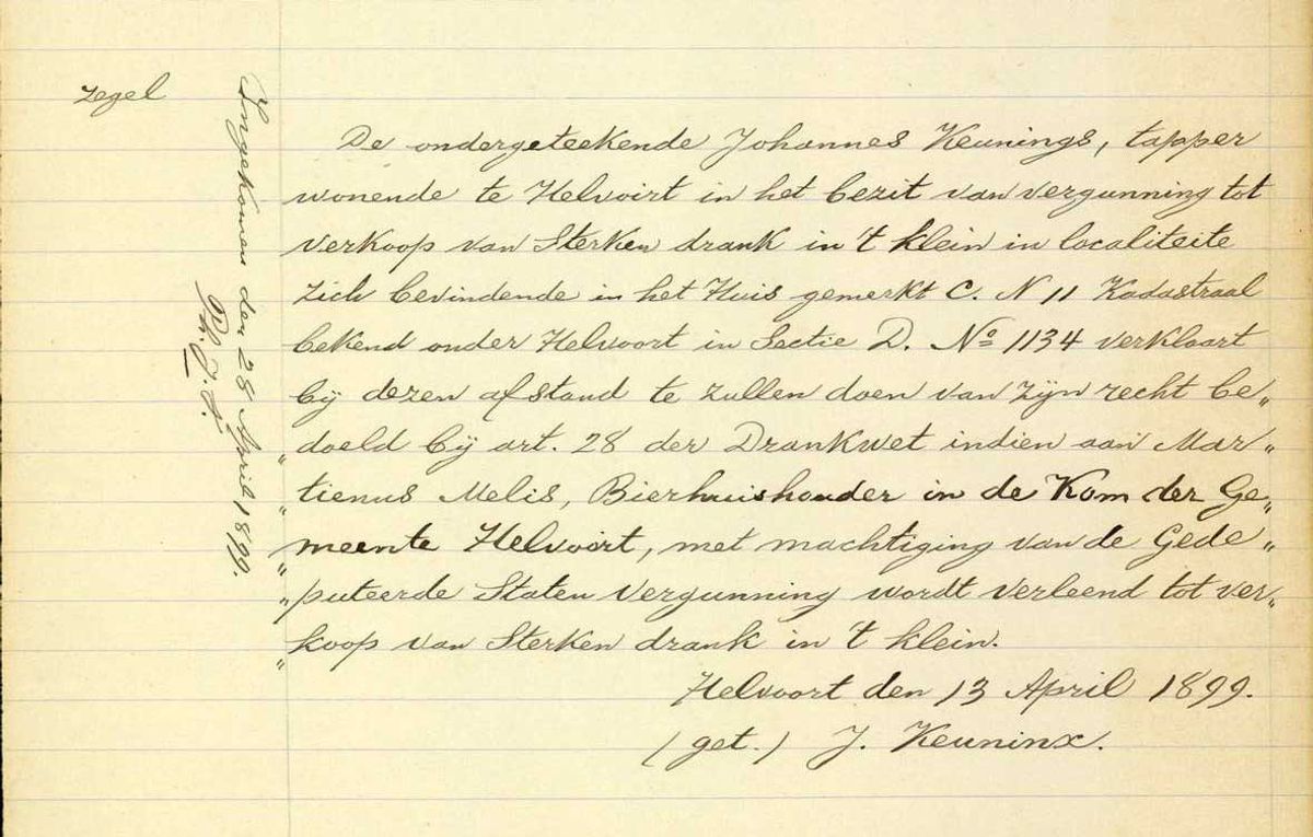 Jan Keuninx verklaart zich bereid zijn Drankwetvergunning in te leveren als Martinus Melis een vergunning krijgt, 1899