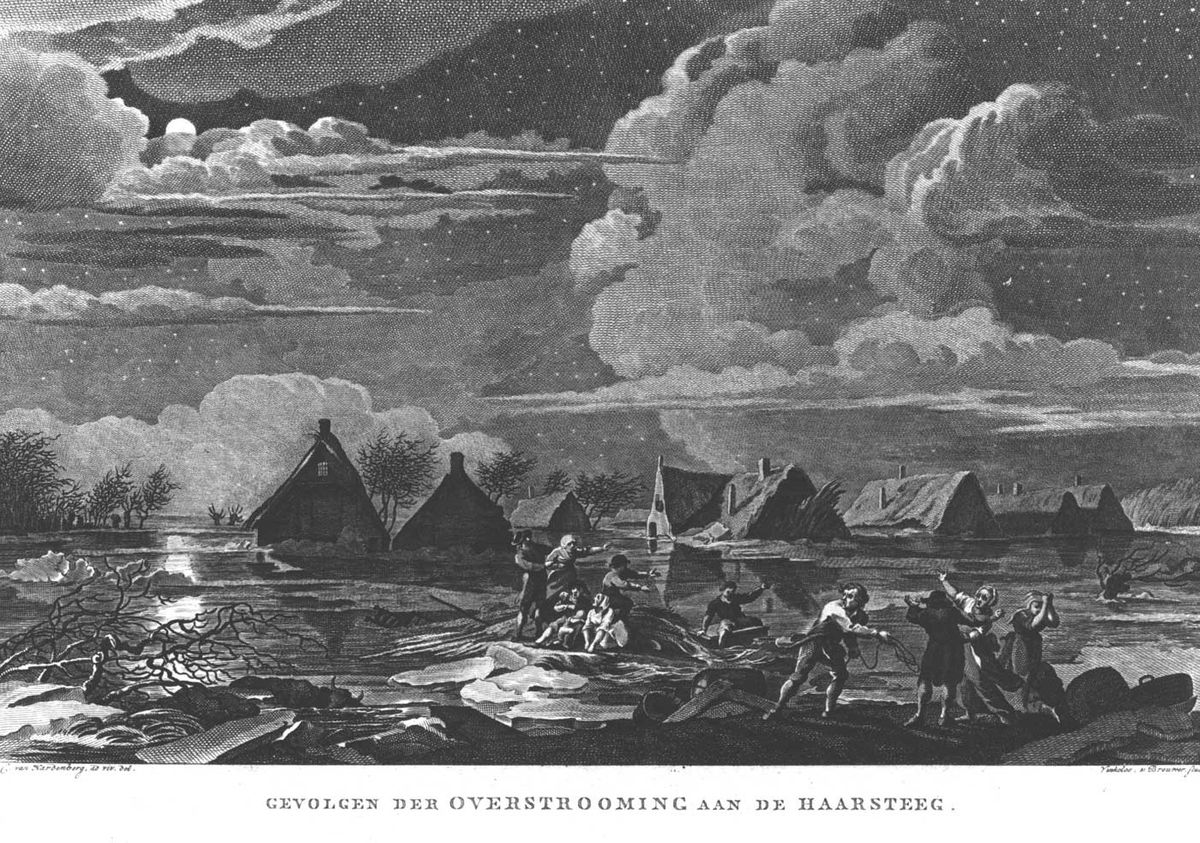Overstroming bij Haarsteeg, 1799. Kopergravure (bron: Streekarchief Langstraat Heusden Altena nr. vlm08703)